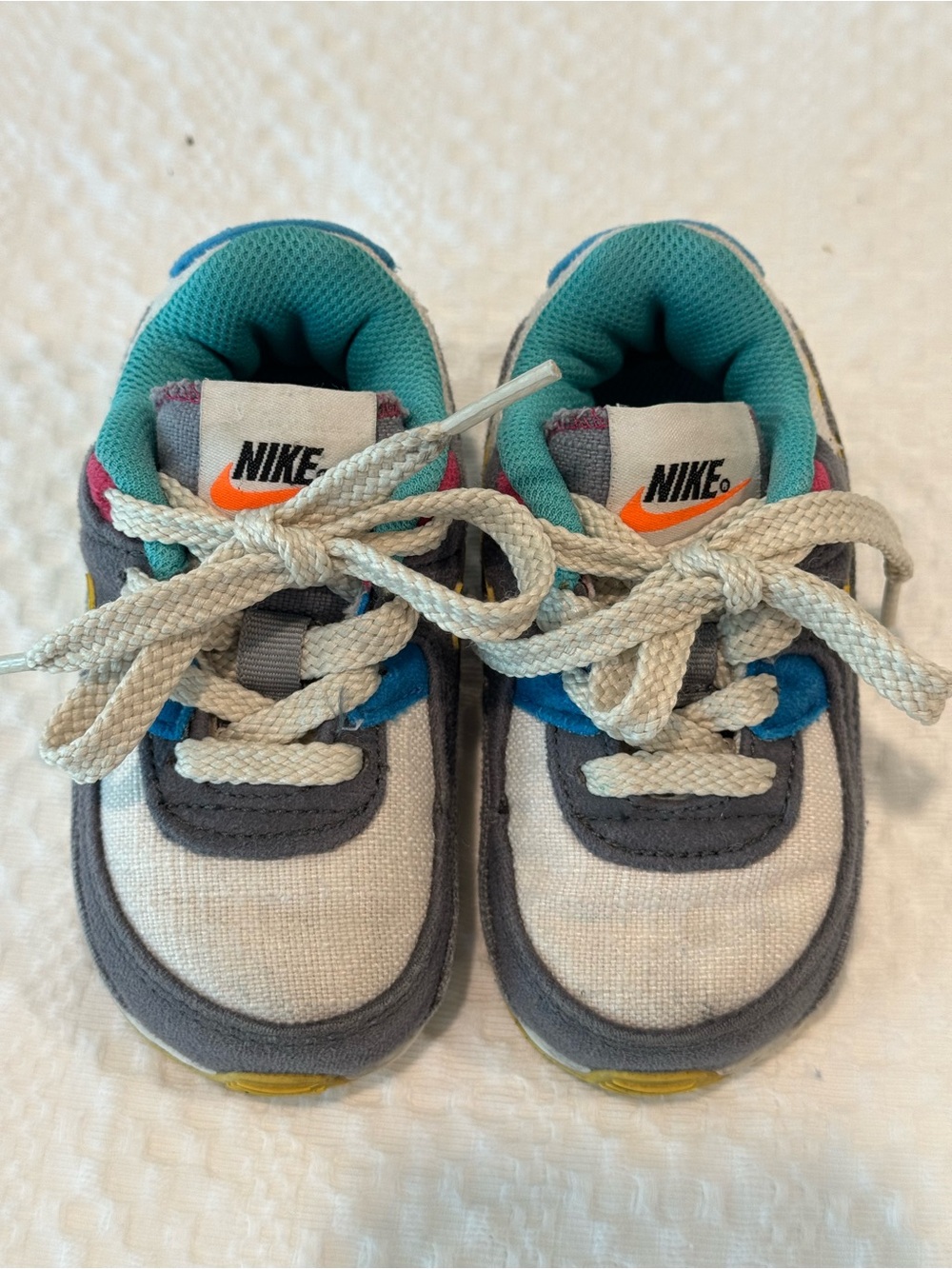 Nike Kids Turquoise, Gray & White Lace-Up Sneakers with Orange Swoosh